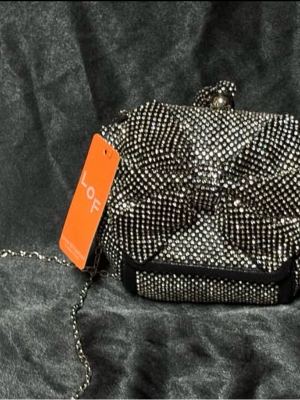 LOF Black Crystal Bow Evening Wristlet with Chain